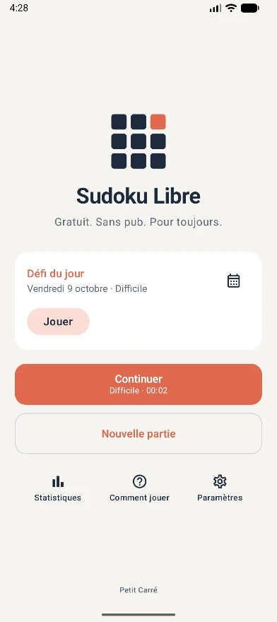 Écran d'accueil de Sudoku Libre avec le défi du jour