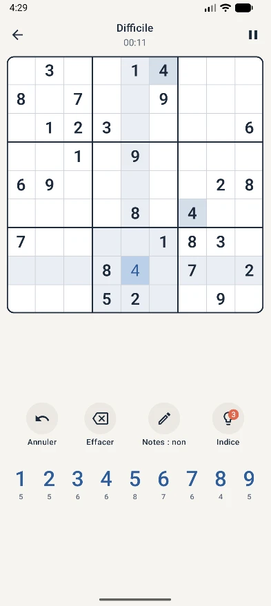 Une partie de sudoku en cours